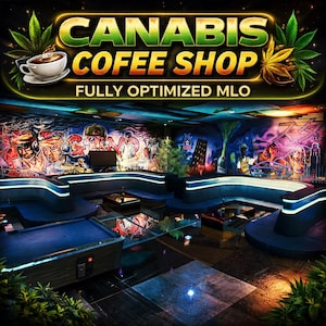 Könnte beinhalten: Innenansicht eines Cannabis-Cafés mit Graffiti-Kunst an den Wänden. Das Café verfügt über blaue Sitzgelegenheiten, einen Billardtisch und einen Couchtisch mit Glasplatte. Das Logo des Cafés, "CANABIS COFFEE SHOP", wird oben angezeigt.