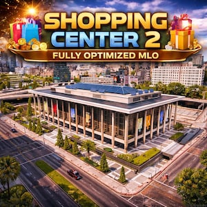 Op de afbeelding: Een luchtfoto van een winkelcentrum met de tekst "SHOPPING CENTER 2" en "FULLY OPTIMIZED MLO". De afbeelding bevat boodschappentassen, munten en geschenkdozen, wat wijst op een retailthema. Het gebouw is omgeven door wegen en bomen.