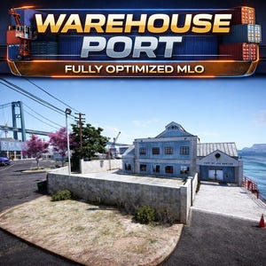 May include: A digital image of a warehouse port scene. The image features a blue building with the text "PORT OF LOS SANTOS" and the title "WAREHOUSE PORT" above. The sky is blue, and the scene includes shipping containers and a bridge.