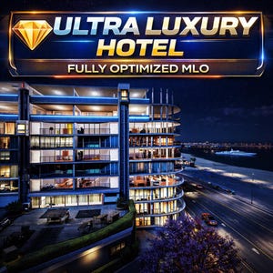 May include: An architectural rendering of a modern, multi-story hotel at night. The building has curved balconies and large windows, with interior lights visible. The text "ULTRA LUXURY HOTEL" is displayed above the building, with "FULLY OPTIMIZED MLO" below.