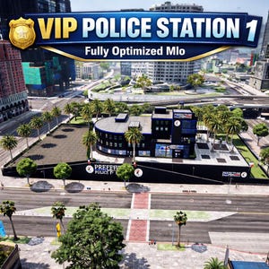 May include: An aerial view of a modern police station with the text "VIP POLICE STATION 1" and "Fully Optimized MLo". The building is dark blue with a curved facade and surrounded by palm trees and a parking area. The scene is set in a city environment.
