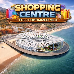 Puede incluir: Vista aérea de un moderno centro comercial costero. El edificio es circular con un diseño arquitectónico único. La imagen incluye el texto "SHOPPING CENTRE" y "FULLY OPTIMIZED MLO" con cajas de regalo y bolsas de compras coloridas.