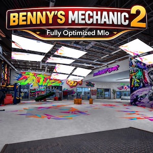 Könnte beinhalten: Innenansicht einer Mechanikerwerkstatt mit Graffiti-Kunst an Wänden und Boden. Das Schild oben zeigt "Benny's Mechanic 2" mit dem Text "Fully Optimized Mlo" darunter. Die Werkstatt hat ein modernes Design mit heller Deckenbeleuchtung.