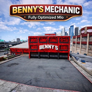 Puede incluir: Vista exterior de un edificio rojo con el texto "BENNY'S MECHANIC" en blanco. El edificio tiene puertas de garaje negras y se encuentra sobre un fondo de horizonte urbano y cielo azul nublado. El letrero de arriba dice "Fully Optimized MLo".