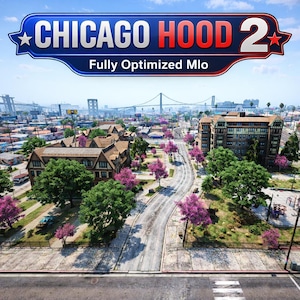 Könnte beinhalten: Eine Stadtlandschaft mit blauem Himmel, mit einem Banner "CHICAGO HOOD 2" in Weiß und Rot. Das Bild zeigt Gebäude, Straßen und Bäume mit rosa Blüten, was auf eine Spielumgebung oder virtuelle Welt hindeutet.