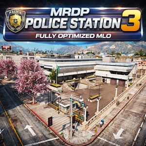 Puede incluir: Vista aérea de una comisaría de policía con el texto "MRDP POLICE STATION 3" en la parte superior. La imagen muestra un edificio moderno con aparcamiento, árboles y una calle con flechas direccionales.
