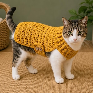 May include: A mustard yellow crocheted sweater for a cat, featuring a ribbed collar and a side tab closure secured with two light brown wooden buttons. The garment has a textured, vertical stitch pattern and covers the torso of the tabby cat.