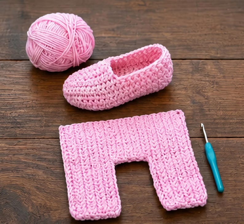 May include: A pink crocheted slipper, yarn ball, and a partially completed crocheted project are displayed on a wooden surface. A blue crochet hook is also present. The slipper is a light pink color.