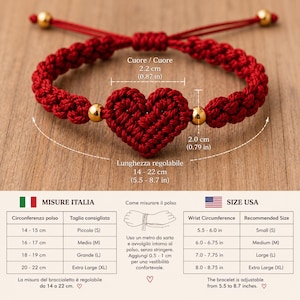 May include: Red macrame bracelet with a crocheted heart and gold-colored beads. The bracelet is adjustable from 5.5 to 8.7 inches. The heart measures 0.79 inches wide and 0.87 inches high.