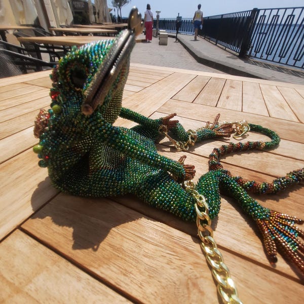 Froggy shoulder cell phone holder, hand-made crochet with Swarovski crystals and Japanese beads