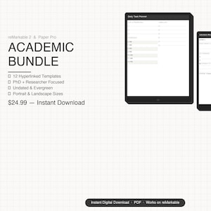 Może przedstawiać: Cyfrowy pakiet akademicki dla reMarkable 2 i Paper Pro. Obraz przedstawia dwa czarne tablety wyświetlające szablony, w tym codzienny plan zadań i narzędzie do przeglądu literatury. Tekst po lewej stronie wymienia funkcje.