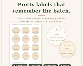 Canning Jar Labels Printable, Canning Lid Labels with QR Batch Log, Fillable PDF