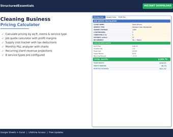 Cleaning Business Pricing Calculator Spreadsheet, Cleaning Service Quote Template, Profit Margin Tracker Google Sheets Excel