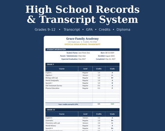 Homeschool High School Transcript Template & Records System | Editable GPA Calculator, Credit Tracker, Course Descriptions, Grades 9-12