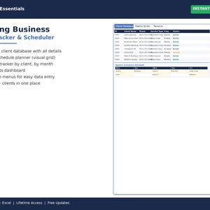 Puede incluir: Una hoja de cálculo digital titulada "Cleaning Business Client Tracker & Scheduler" con un diseño azul y blanco. Incluye una base de datos de clientes, un planificador semanal, un rastreador de ingresos y un panel de estadísticas rápidas. También incluye el texto "Descarga instantánea".