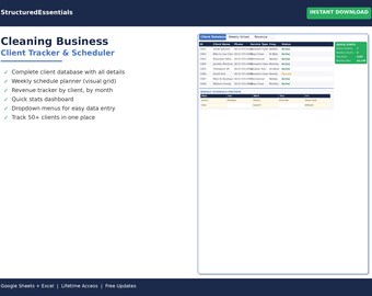 Cleaning Business Client Tracker Spreadsheet, Cleaning Schedule Template, Client Management Google Sheets Excel Cleaning Company