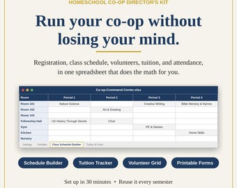 Homeschool Co-op Planner & Director Kit | Registration, Schedule, Volunteer, Budget | Sheets + PDF