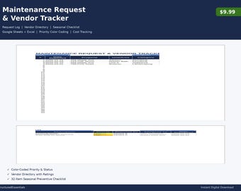 Maintenance Tracker Landlord Spreadsheet Rental Property Repair Log Vendor Directory Google Sheets Property Management