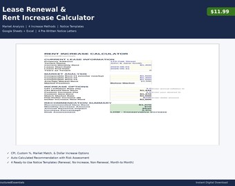 Rent Increase Calculator Lease Renewal Template Landlord Spreadsheet Google Sheets Rental Property Rent Raise Notice