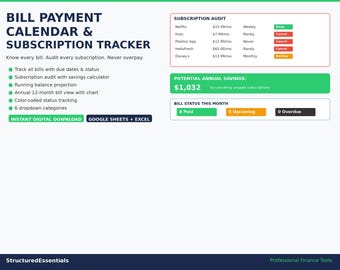 Bill Payment Tracker Subscription Audit Spreadsheet Google Sheets Excel Template Bill Calendar Finance Planner Budget Organizer