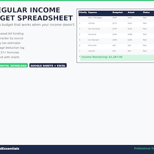 Plantilla de Google Sheets y Excel para presupuestos de ingresos irregulares, trabajadores autónomos y planificadores de presupuestos de ingresos variables.