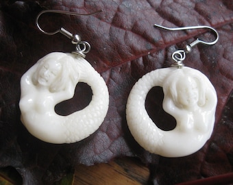 Carved Mermaid Earrings~ Hand carved cow bone, surgical steel ear wires, boho jewelry, whimsical mythical fantasy