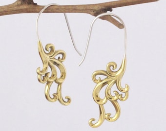 Yellow Brass Bird of Paradise Earrings ~ Sterling Silver ear wires, fern frond design, tropical boho, koru inspired, gift box included!