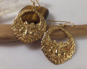 Yellow Brass Green Man Earrings~ Gold plated ear wires, foliate head earrings, Green Jack jewelry, pagan inspired design, rebirth & growth