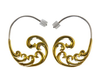 Small Yellow Brass Fibonacci Spiral Hoop Earrings ~ Sterling Silver Wires, Boho Sacred Swirl Earrings, Tribal Fusion Jewelry, free gift box