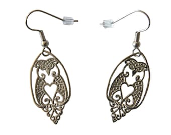 Fancy Filigree White Brass Owl Earrings ~ Wise owls hand cast in White Brass with surgical steel ear wires, heart cutouts, dangle earrings