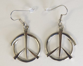 Boho Peace Sign Earrings in White Brass~ surgical steel ear wires, eclectic jewelry, symbol dangle earrings, hippie love! Gift box included