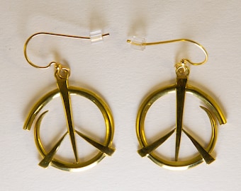 Boho Peace Sign Earrings ~ Yellow Brass with 14k gold ear wires, eclectic jewelry, hippie love! Boho symbol earrings, Gift box included