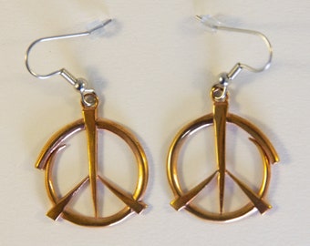 Brincos de cobre com símbolo da paz ~ anzóis de aço cirúrgico, joias boho hippie