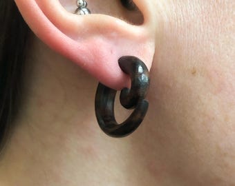 EXTRA PETITE Fake Gauged Wood Hoop Earrings - Hand carved boho wood hoops, two sizes available, Faux Gauges for regular pierced ears!