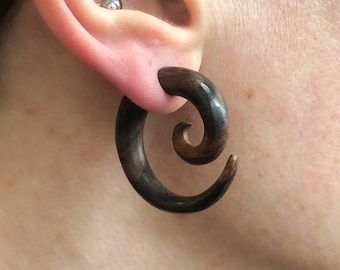 Fake Gauged Wood Hoop Earrings - Hand carved wood hoop boho earrings, two sizes available, Faux Gauges for regular pierced ears!