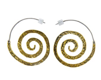 Endless Spiral Brass Earrings ~ Hammered yellow brass & sterling silver ear wires. Boho jewelry, textured metal, sacred spiral, gift box