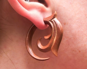 Swirling Acanthus Wood Faux Gauges ~ Fake gauged earrings, hand carved wood, surgical steel wires, hoop circular stud earrings, orange brown