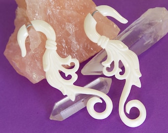 Baroque Swirl Faux Gauges ~ hand carved bone earrings, French ornamentation design, boho jewelry, gauged look for regularly pierced ears!