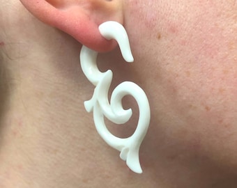 Bone Acanthus Faux Gauges ~ hand carved cow bone in floral swirl design, fake gauged earrings for regular sized piercings! Boho jewelry