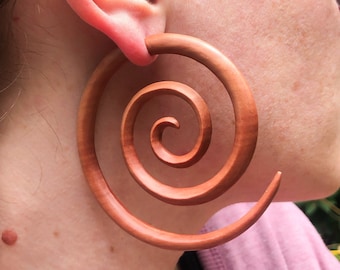 Large Spiral Light Wood Faux Gauges ~ Fake gauged hoop earrings, hand carved wood surgical steel wires, circular stud earrings, orange brown
