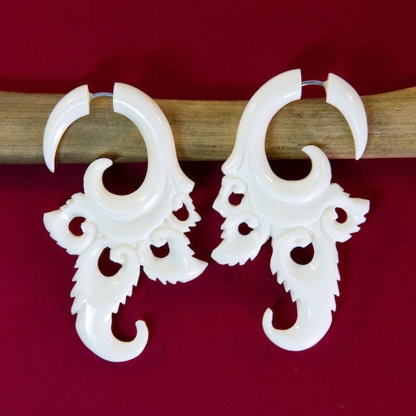 Paisley Bone Faux Gauges ~ hand carved cow bone fake gauged earrings, Paisley floral boho design, the look without the commitment!