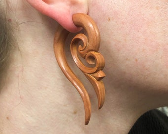 Large Swirling Acanthus Faux Gauges ~ Fake gauged boho earrings, hand carved wood, surgical steel, the look without the commitment!