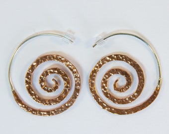 Endless Spiral Copper Earrings ~ Hammered copper with sterling silver ear wires. Textured metal, hypoallergenic wires, boho jewelry