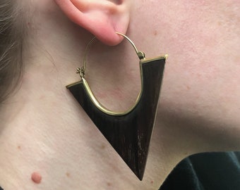 Brass and Wood Triangle Earrings ~ Big lightweight tribal hoops, gold tone brass, latch back, geometric jewelry, boho style earrings