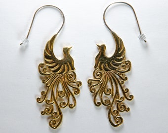 Yellow Brass Peacock Earrings~ Big long dangle peafowl earrings, stylized bird jewelry, sterling silver ear wires, nouveau swirls feathers