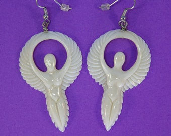 Angel Earrings ~ Long hand carved cow bone dangle earrings, angel wing halo design, surgical steel wires, reusable gift box included, boho