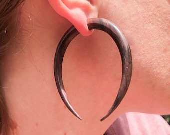 Large Double Spike Faux Gauges~ Hand carved wood fake gauged earrings, surgical steel ear wires, curved spike earrings, punk tribal style