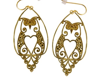 LARGE Filigree Yellow Brass Owl Earrings ~ Wise owls hand cast in Yellow Brass with 14k gold ear wires, heart cutouts, dangle boho earrings