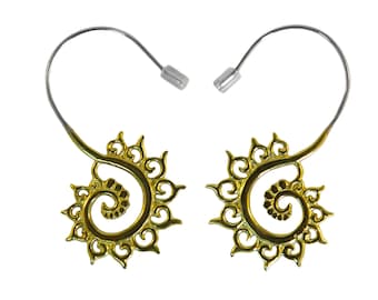 Yellow Brass Fibonacci Fractal Earrings ~ Gold toned brass with sterling silver ear wires, boho sacred geometry, spiral swirl geometrical