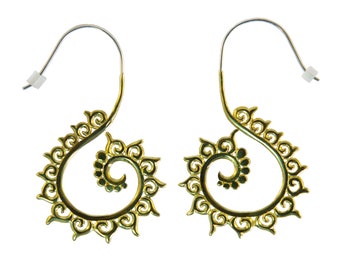 Large Yellow Brass Fibonacci Fractal Earrings ~ Gold toned brass with sterling silver ear wires, sacred geometry, spiral swirl boho earrings